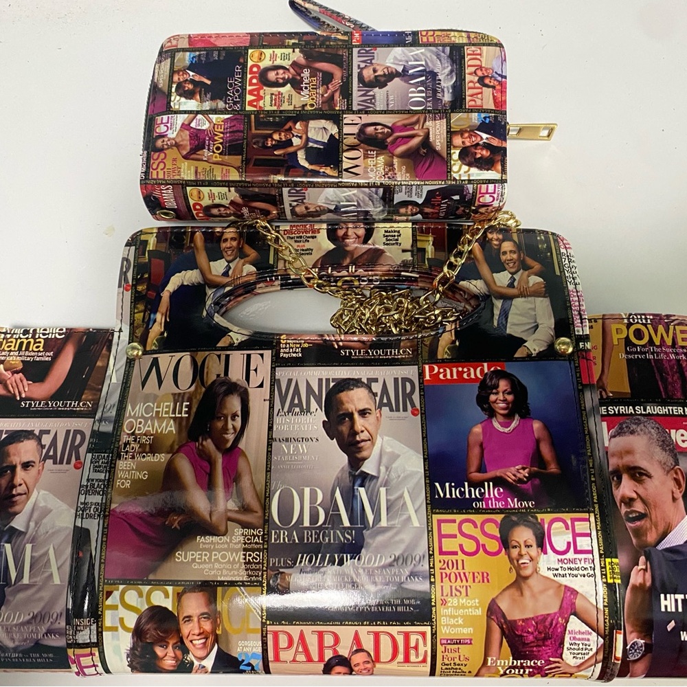 NWOT Michelle Obama Magazine Cover Print Purse & Wallet Set